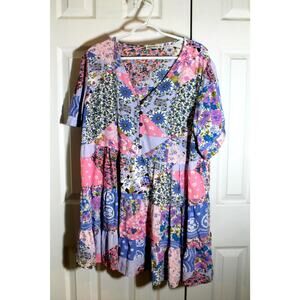 RusttyDustty Pink & Blue Patchwork Babydoll Tunic Top sz 1XL